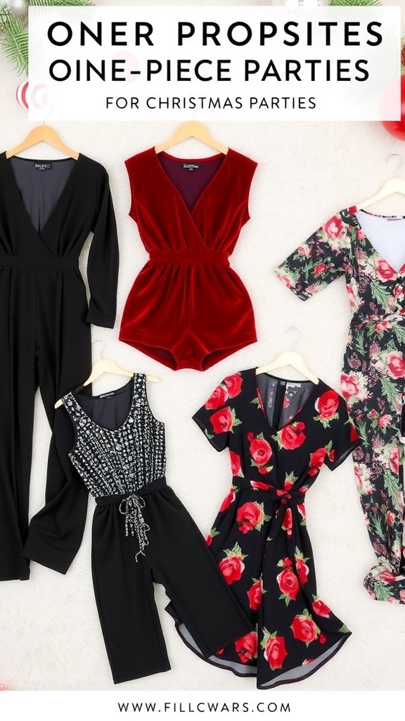 A collection of one-piece outfits for Christmas parties including a black jumpsuit, red romper, sequin jumpsuit, and floral playsuit.